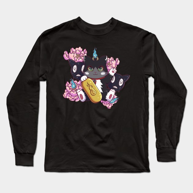 Kuro Maneki Neko Long Sleeve T-Shirt by TypeFortyDesign